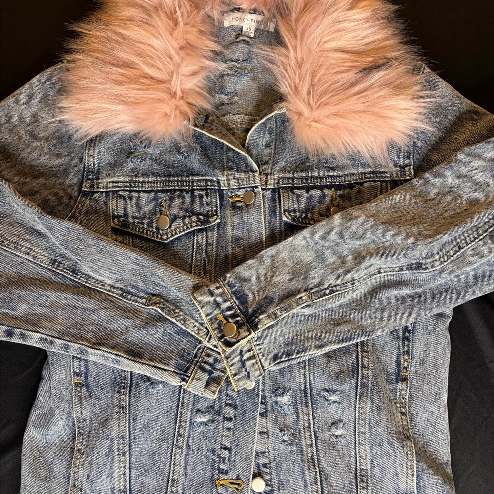 Forever 21 Denim Jacket with Pink Faux Fur Collar